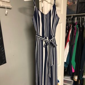 Navy blue and white striped jumpsuit